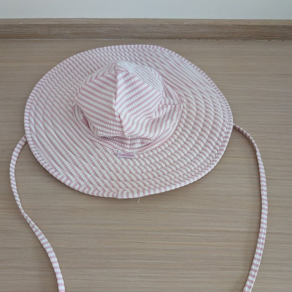 RuffleButts Pink Seersucker Beach Sun Swim Hat Pink & White Striped, 0-12M